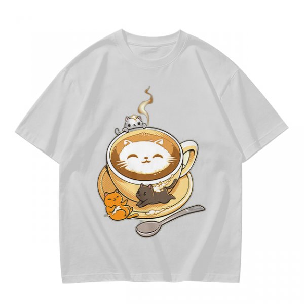 Olive Green T-Shirt With Cute Cat Latte Art And Kittens Print