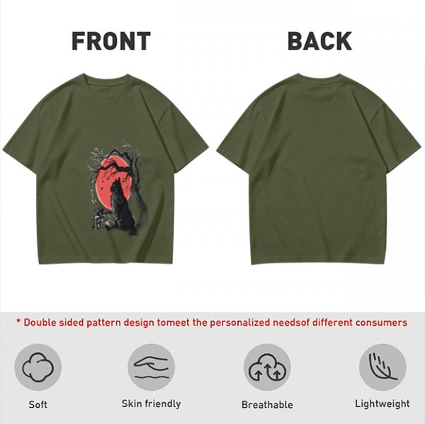 Olive T-Shirt with Black Cat and Red Moon Gothic Art Print