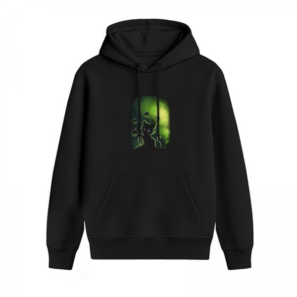 Black Hoodie With Glowing Green Cat And Bubbles Artwork