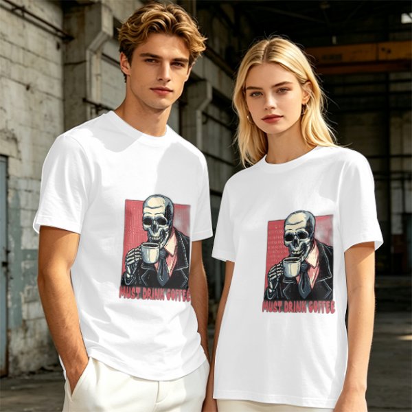 Olive T-shirt with Skeleton Drinking Coffee Must Drink Coffee Print