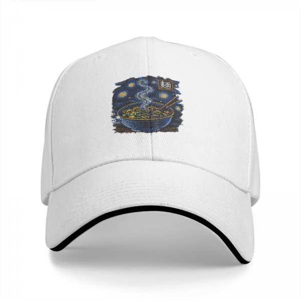 Black baseball cap with starry night ramen bowl graphic
