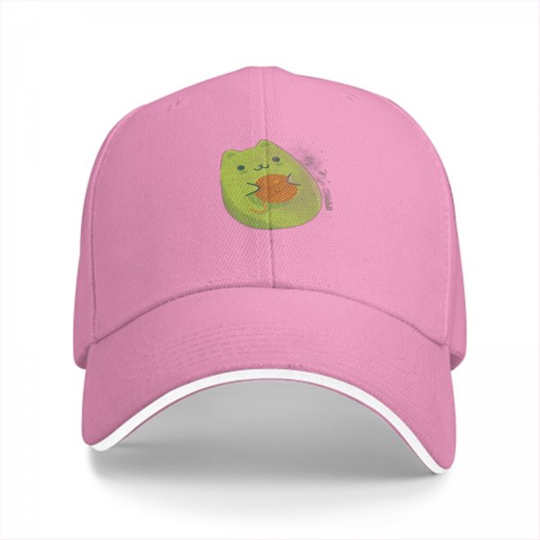 Black baseball cap with cute green cat holding orange yarn ball