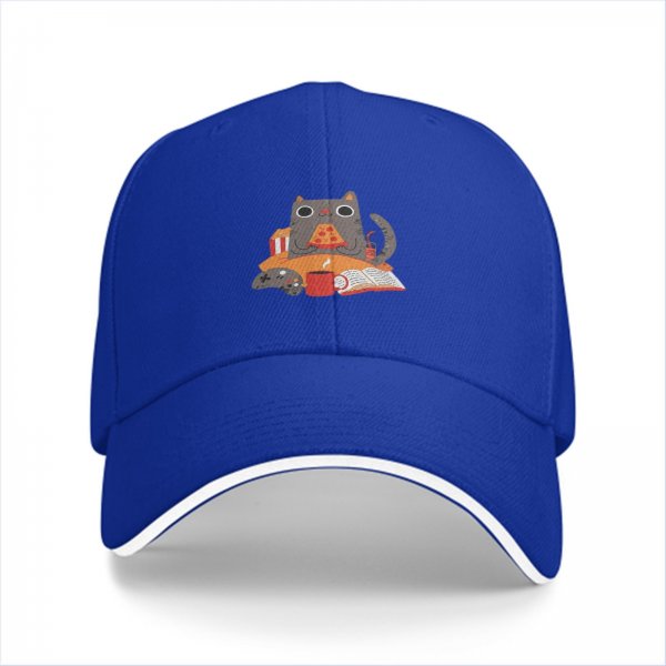 Black baseball cap with a cozy cat pizza snack and game design