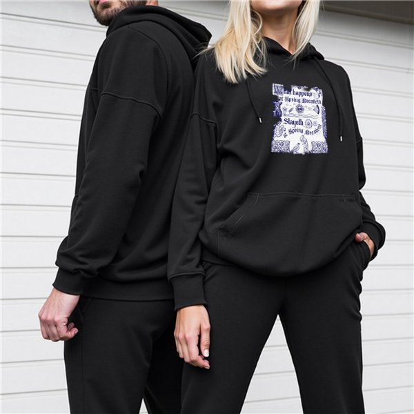 Black hoodie with vintage-style decorative text and graphic print