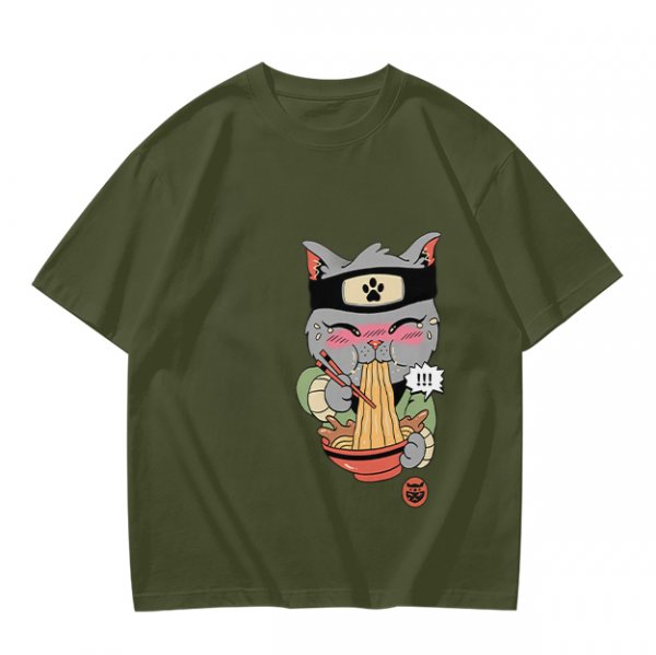 Olive green t-shirt with a ninja cat eating ramen graphic