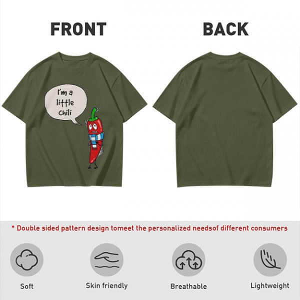 Olive green t-shirt with funny 'I'm a little chili' cartoon chili print