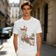 Olive green graphic tee with a sloth relaxing between anthropomorphic coffee mugs