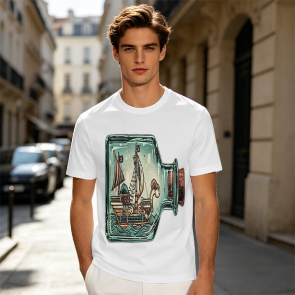 Olive T-Shirt With Pirate Ship In Glass Jar Artwork
