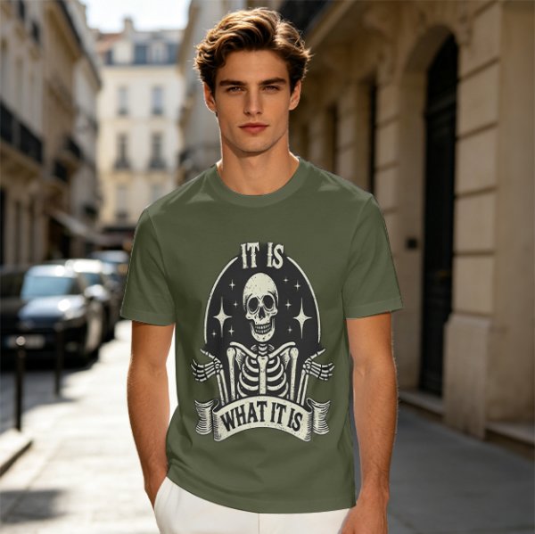 Olive t-shirt with skeleton graphic and 'It Is What It Is' text