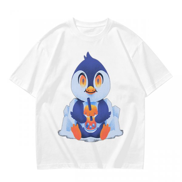 Olive T-shirt with Cute Penguin Drinking Boba Tea Print