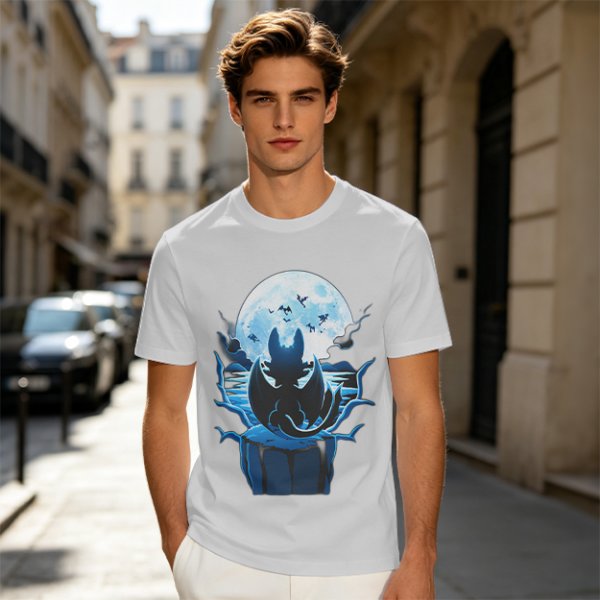 Olive T-Shirt Featuring Dragon Silhouette Under Full Moon