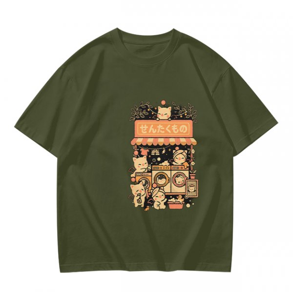 Olive T-Shirt With Cute Cats Doing Laundry Graphic