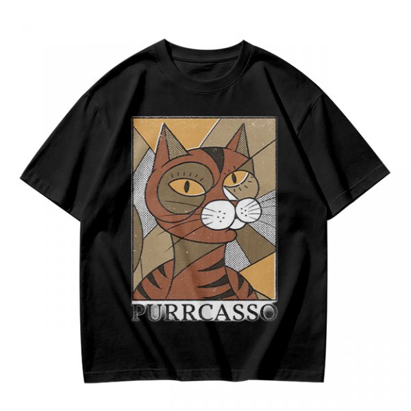 Olive green t-shirt with cubist style cat print and Purrcasso text