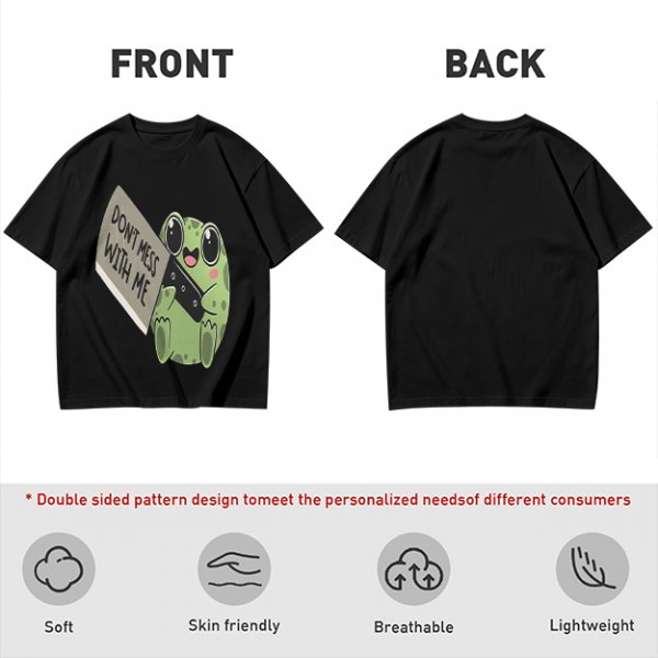 Olive t-shirt with cute frog holding knife and 'Don't mess with me' text
