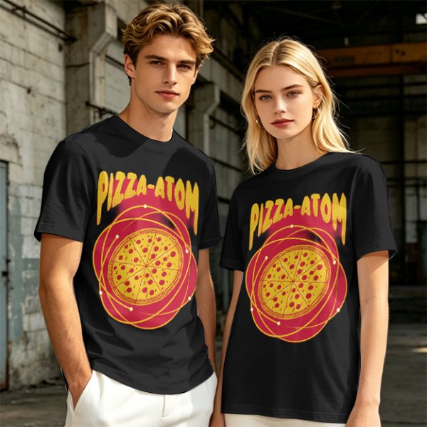 Olive green graphic t-shirt with pizza atom design