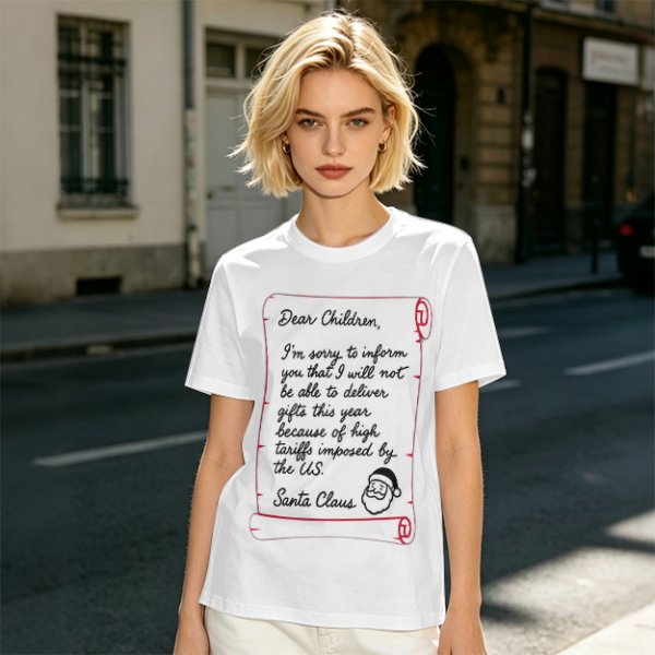 Christmas t-shirt with Santa's tariff excuse note print