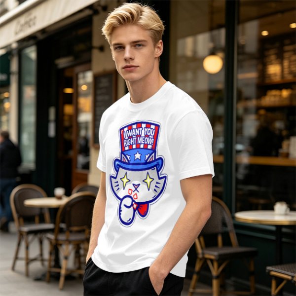 Olive T-Shirt With Patriotic Cat 'I Want You Right Meow' Print