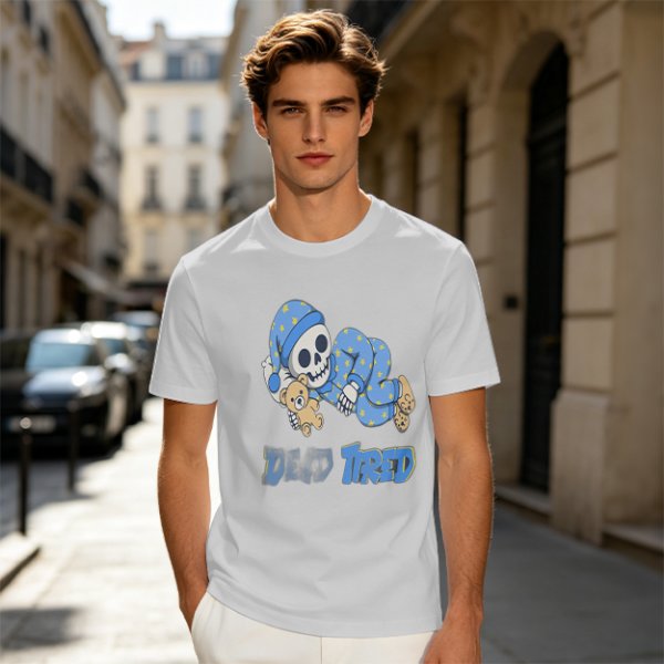 Olive T-Shirt with Sleeping Skeleton in Pajamas 'Dead Tired' Print