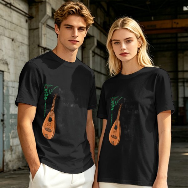 Olive Green T-Shirt with Lute and Botanical Graphic Print