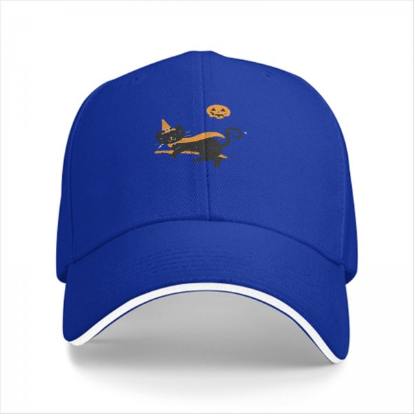 Black Baseball Cap with Halloween Witch Cat and Jack-o'-lantern Design