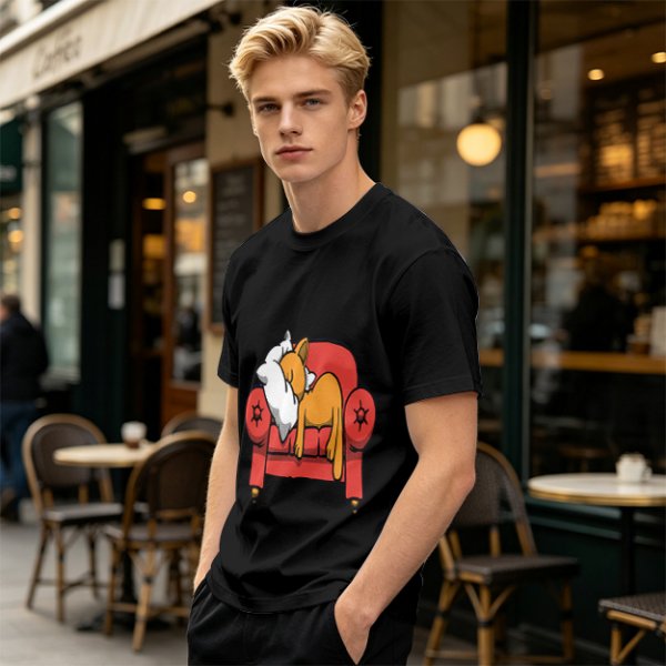 Olive green t-shirt with a sleeping orange cat on a red armchair print