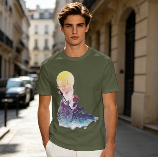 Olive T-Shirt with Watercolor Witch and Moon Art Print