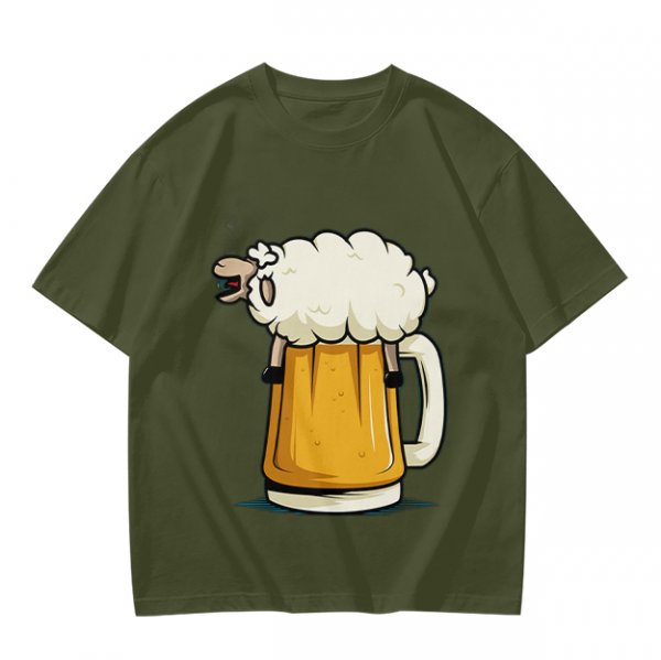 Olive Green T-Shirt With Funny Sheep Beer Mug Graphic