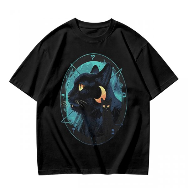Olive T-Shirt With Black Cat And Crescent Moon Graphic