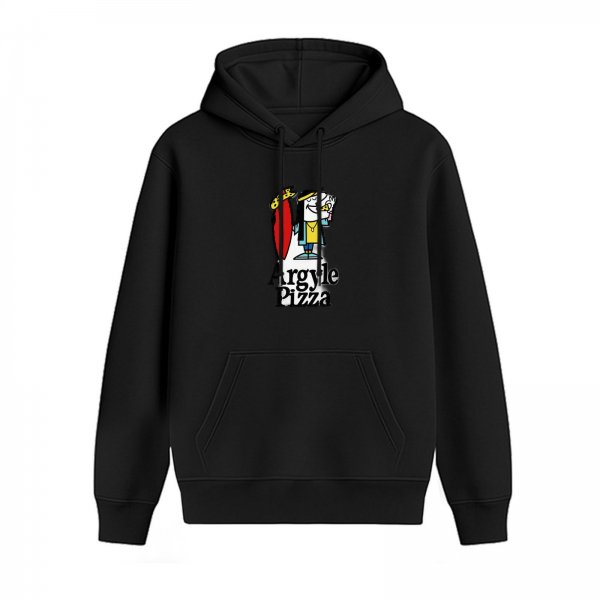 Black hoodie with Argyle Pizza cartoon graphic print