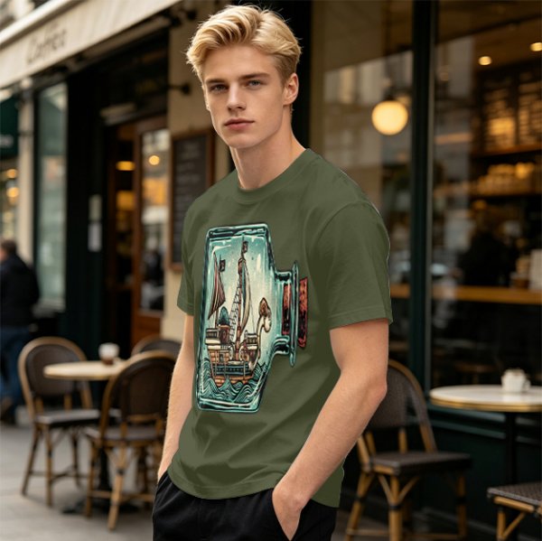 Olive T-Shirt With Pirate Ship In Glass Jar Artwork