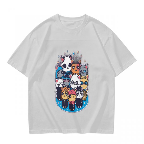 Olive T-Shirt With Cute Chibi Cat Character Group Print