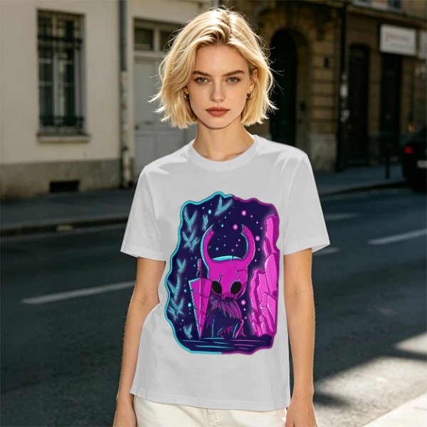 Olive Green T-Shirt With Neon Hollow Knight Character Art