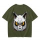Olive T-Shirt With Angry White Cat Face Graphic