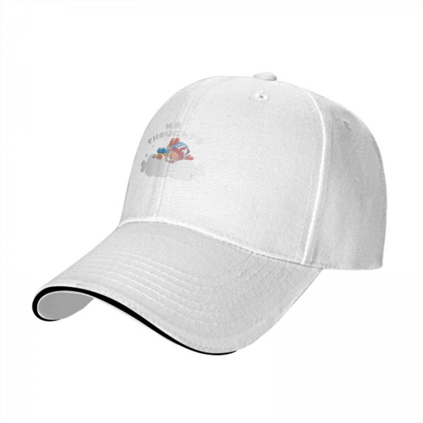 Black baseball cap with no thoughts sleeping character on cloud graphic