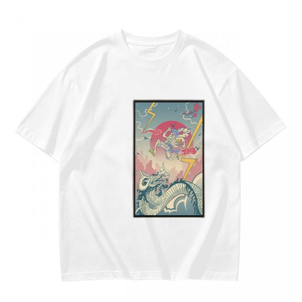 Olive T-shirt with Japanese style dragon and lightning graphic print