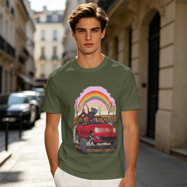 Olive T-Shirt With Red Convertible Car, Rainbow And People Graphic