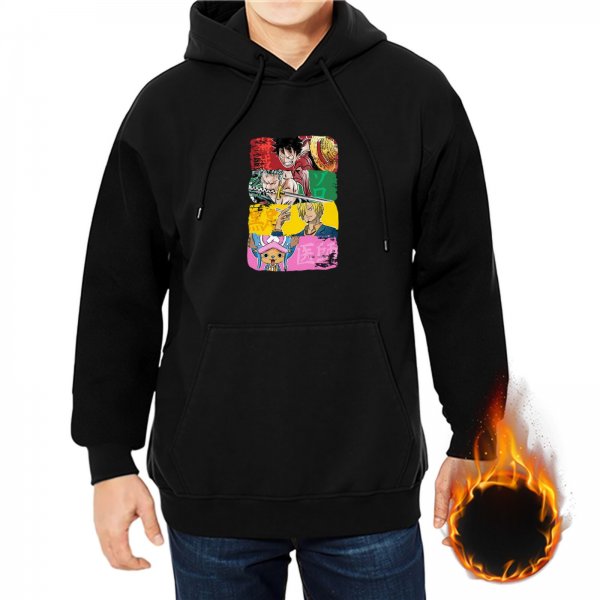 Black Hoodie with One Piece Anime Character Collage Print