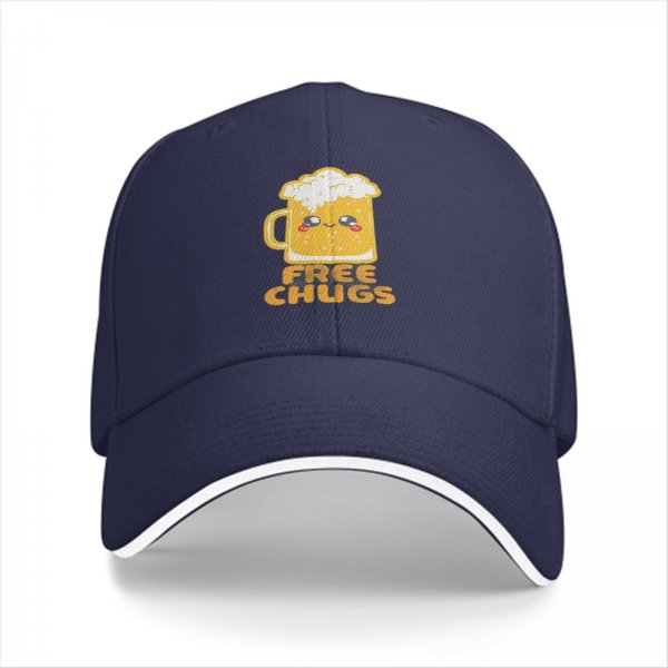Black baseball cap with cute beer mug graphic and free chugs text