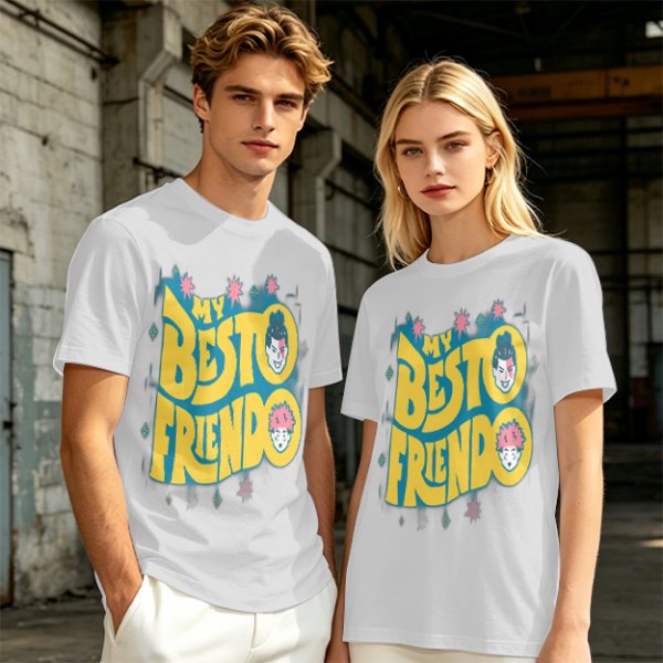 Olive graphic t-shirt with 'MY BESTO FRIENDO' anime character print