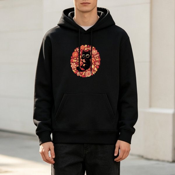 Black Hoodie with Cute Black Cat Surrounded by Halloween Candy Print