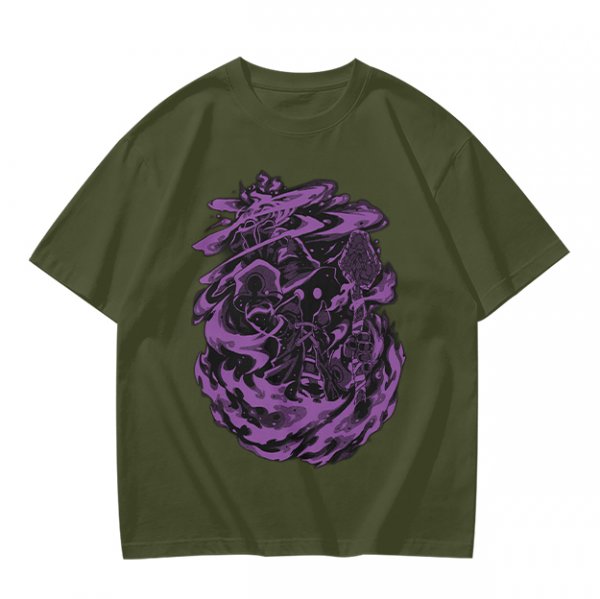 Olive Green T-Shirt with Purple Abstract Swirling Graphic Print
