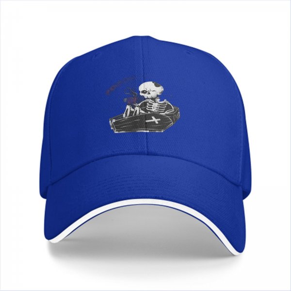 Black baseball cap with skeleton in coffin graphic
