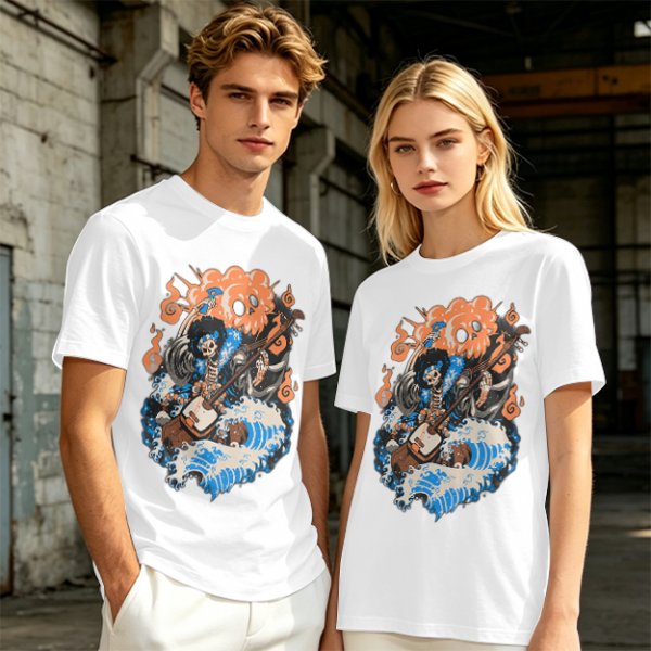 Olive T-shirt with Skeleton Musician Playing Guitar Over Ocean Waves