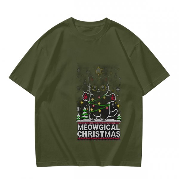 Olive Green Christmas Cat T-Shirt With Meowgical Christmas Print