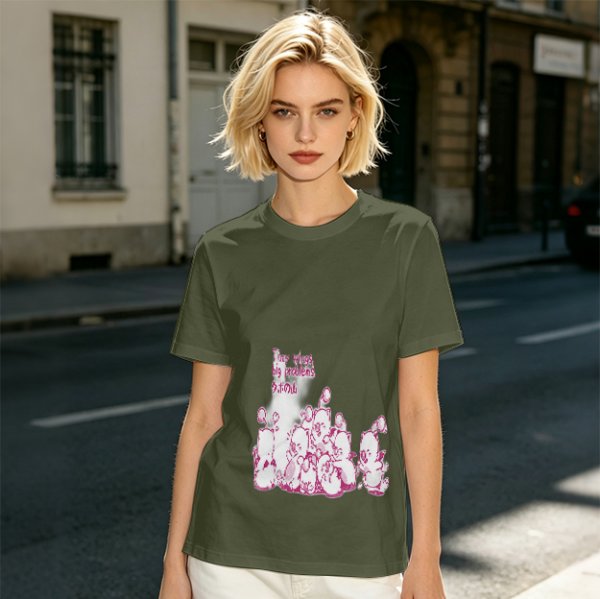 Olive Green T-Shirt With Pink Whimsical Graphic Print