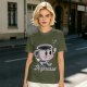 Olive green t-shirt with running espresso cup graphic and 'Less Despresso' text