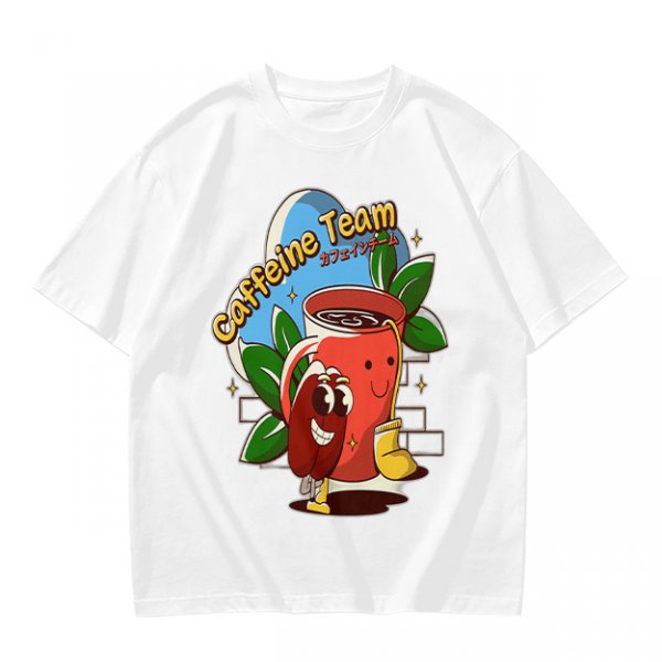 Olive green graphic t-shirt with caffeine team coffee cup and bean illustration