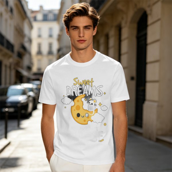 Olive t-shirt with sweet dreams cheese moon and mouse graphic