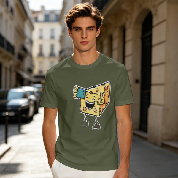 Olive T-shirt with a cartoon cheese taking a selfie and making a peace sign