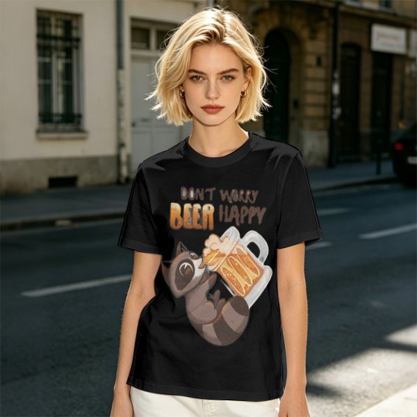 Oversized olive t-shirt with raccoon drinking beer graphic